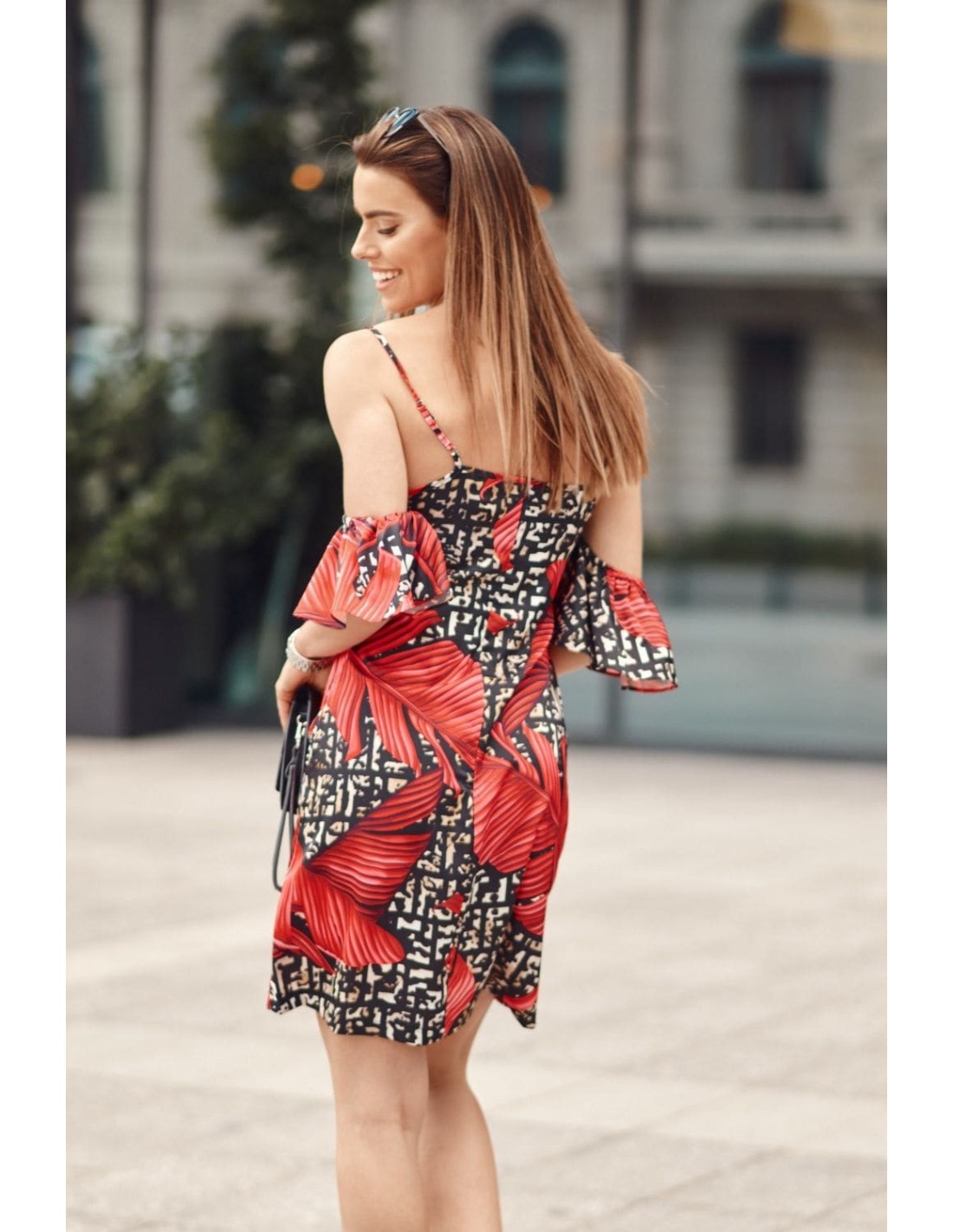 Strap dress with sleeves with red leaves, black PR3215 - Online store - Boutique